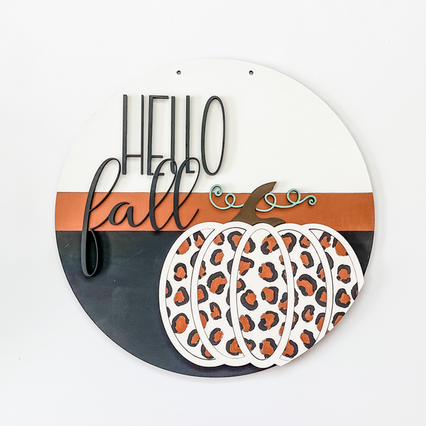 Hello Fall Cheetah Pumpkin Door Hanger